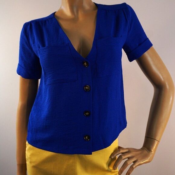 Monteau Los Angeles Womens Blouse Size S Royal Blue V Neck Buttoned Top - Picture 2 of 10